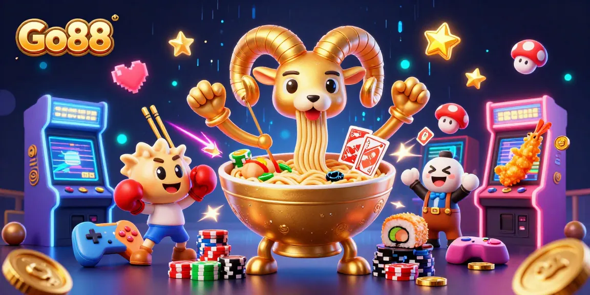Engage with Go88's vibrant casino scene featuring a golden ramen bowl dealer and interactive arcade elements.