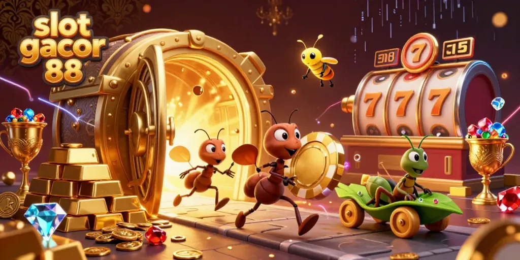 Engage with slot gacor 88 in this vibrant 3D illustration of ants completing a heist with golden poker chips.