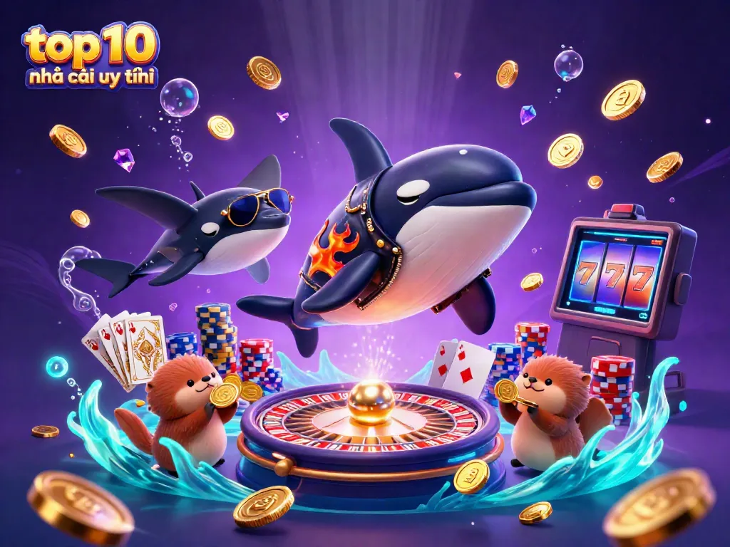 Experience top 10 nhà cái uy tín with a dynamic 3D casino scene, featuring a whale, stingray, and otters.
