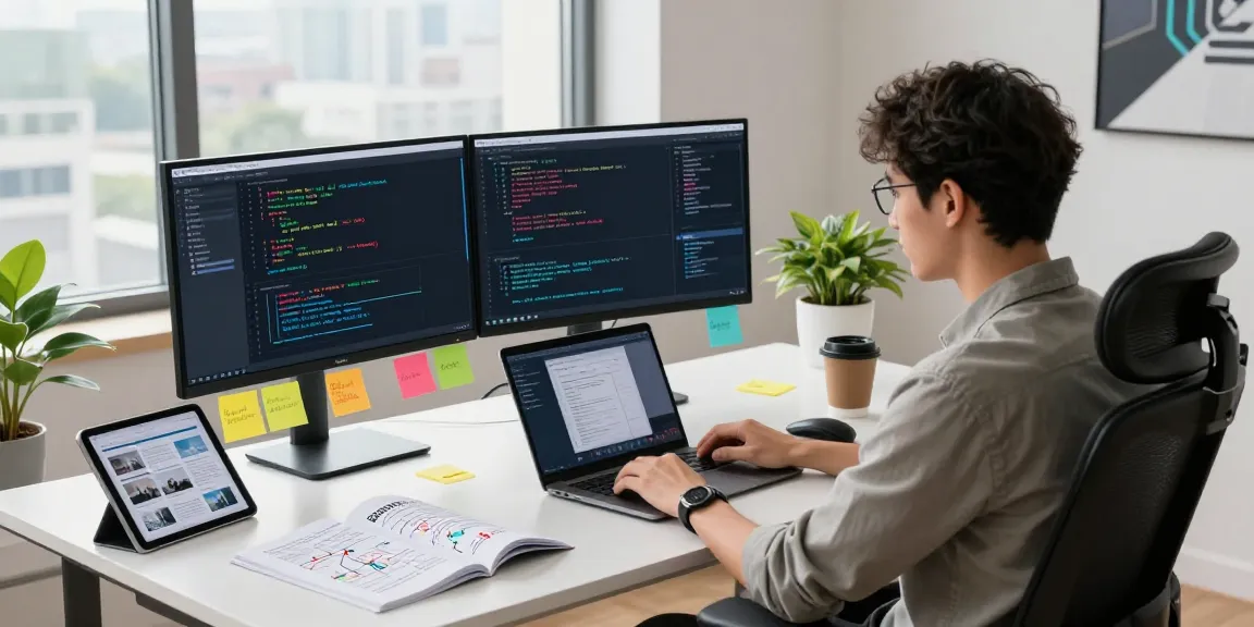 Blockchain 2026 software engineer at a modern workspace developing decentralized applications.