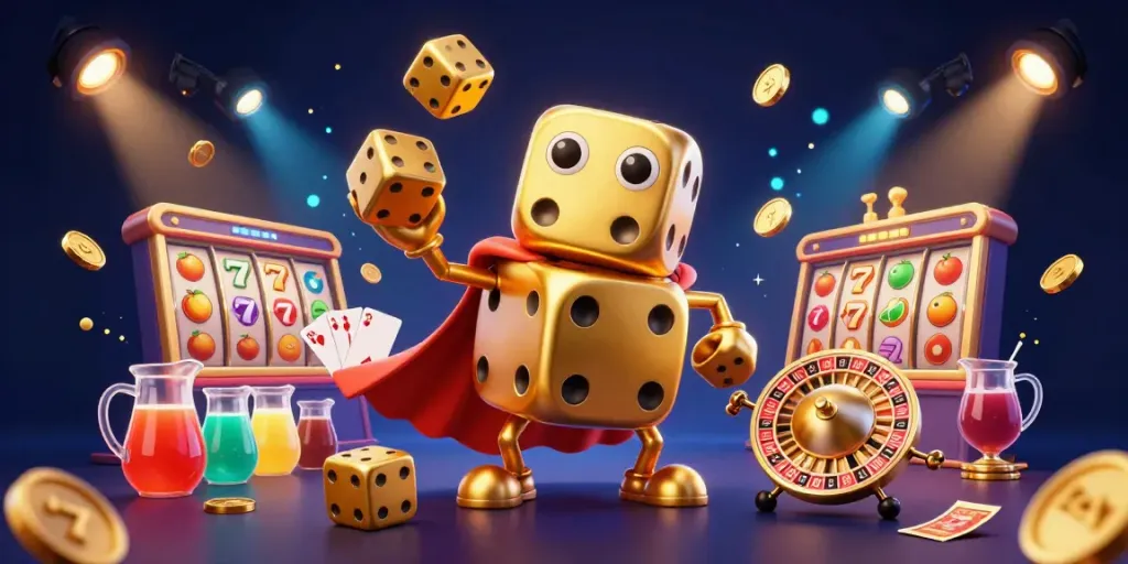 Experience thrilling casino excitement with bolavitaslot's vibrant 3D golden dice and slot elements.