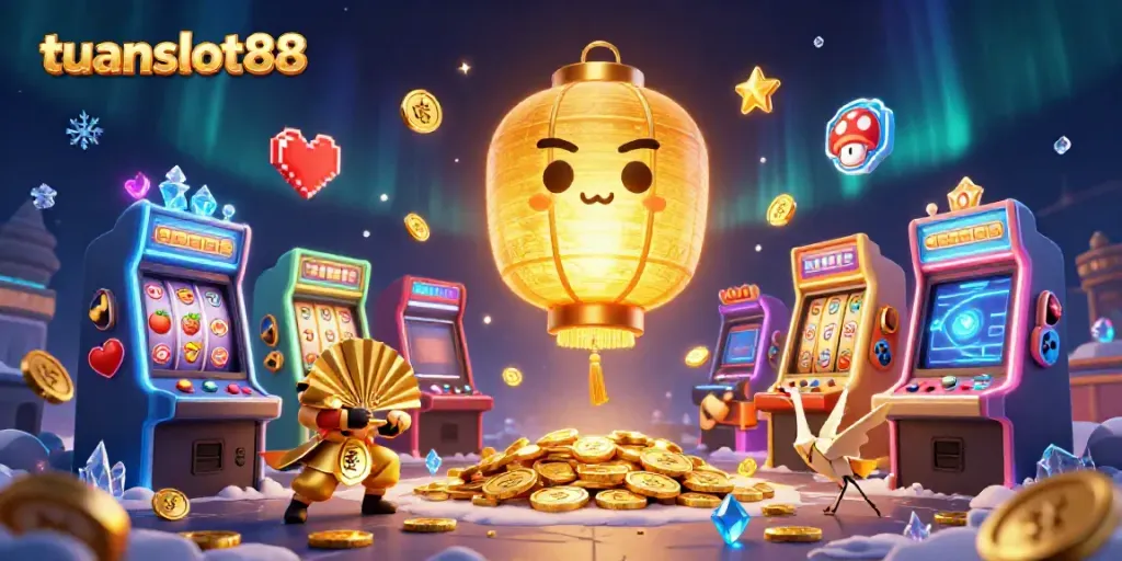 Slot bertema tuanslot88 dengan simbol keberuntungan dan cahaya di kasino malam.
