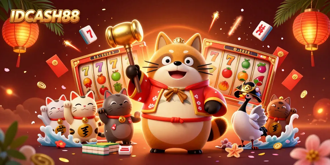 Play exciting slots at IDCASH88 with cheerful characters and festive decorations in a vibrant 3D illustration.