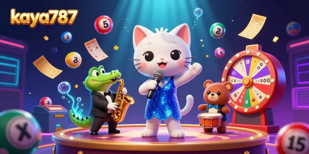 Engage with the vibrant kaya787 casino scene, featuring a jazzy cat, crocodile, and bear playing lively music.