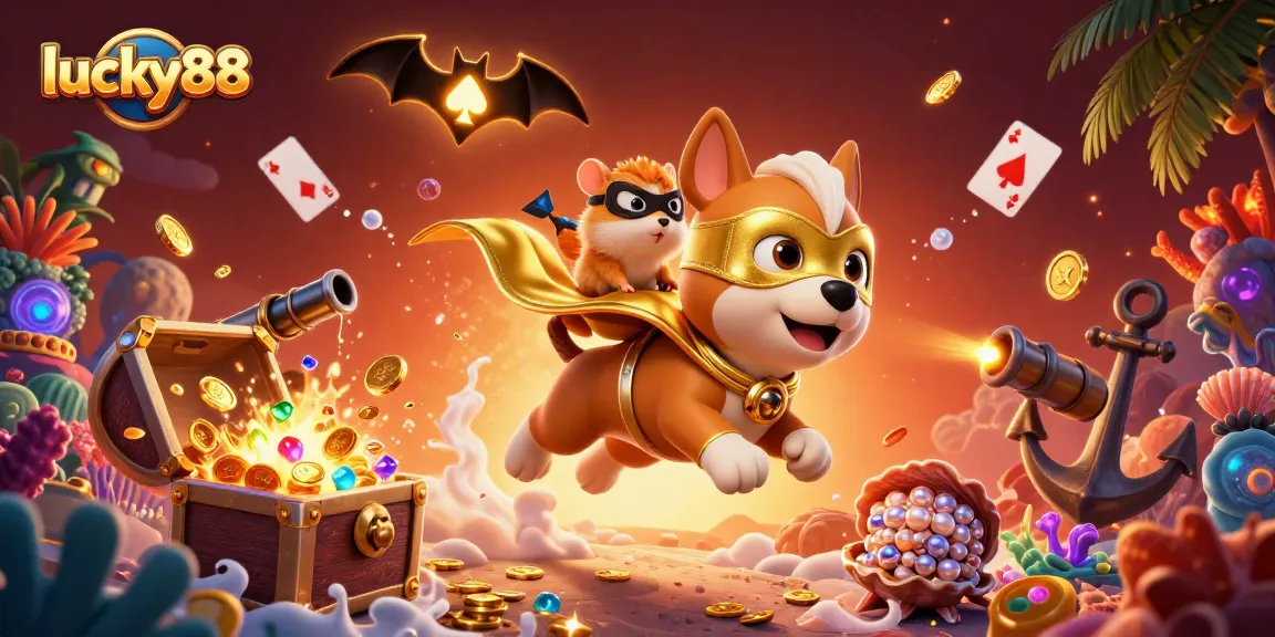 Engage in thrilling gaming with lucky88, featuring a heroic dog and hamster amidst gold coins.