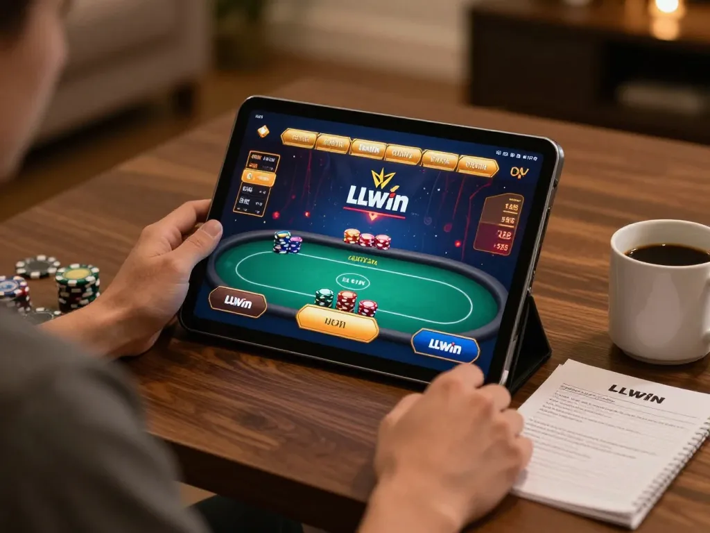 Player engaging in LLWIN online poker gaming with strategy notes in cozy home setup.
