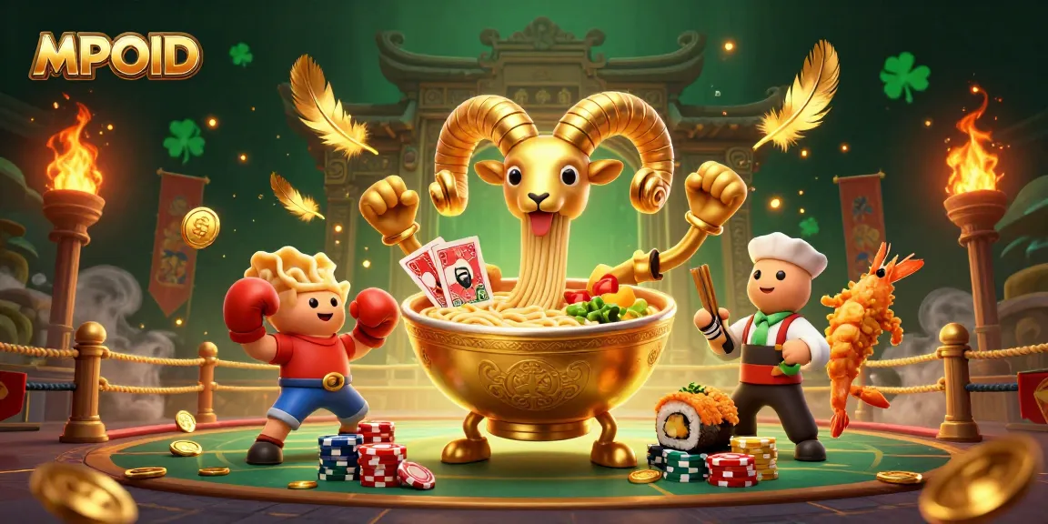 MPOID showcases an energetic illustration of a ramen bowl dealer amidst vibrant casino action.
