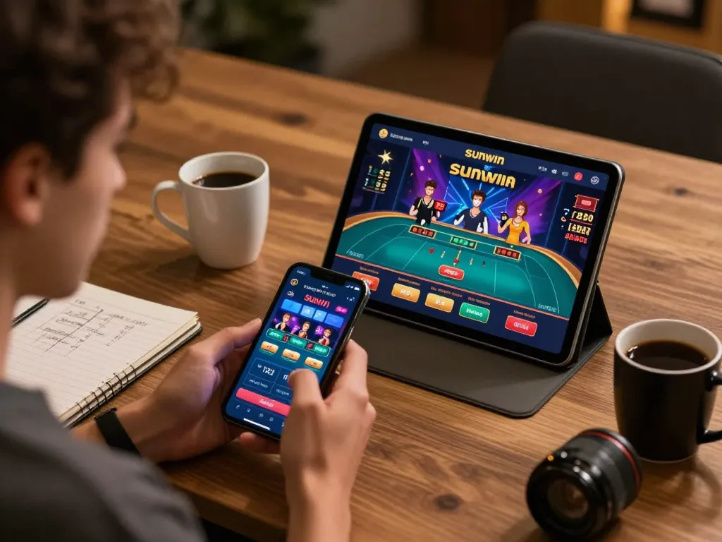 Engaged user playing Sunwin on a tablet, showcasing live dealer gaming strategy.