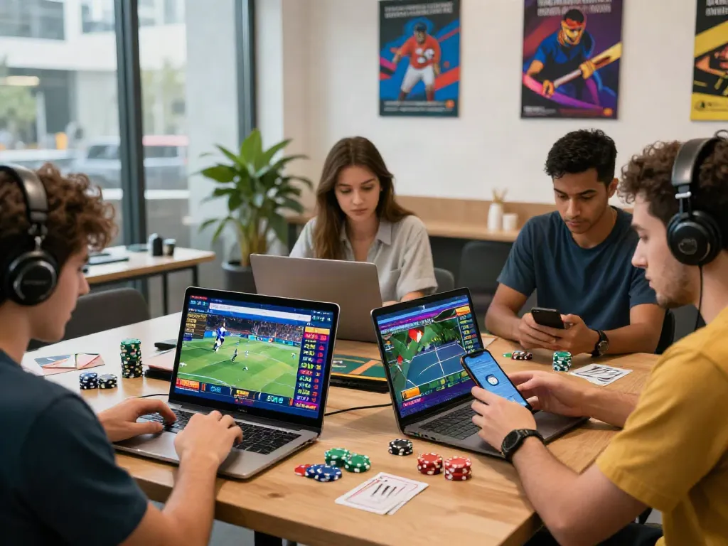 lotus365 users engaged in exciting cricket and football betting, showcasing digital interactions in a vibrant setting