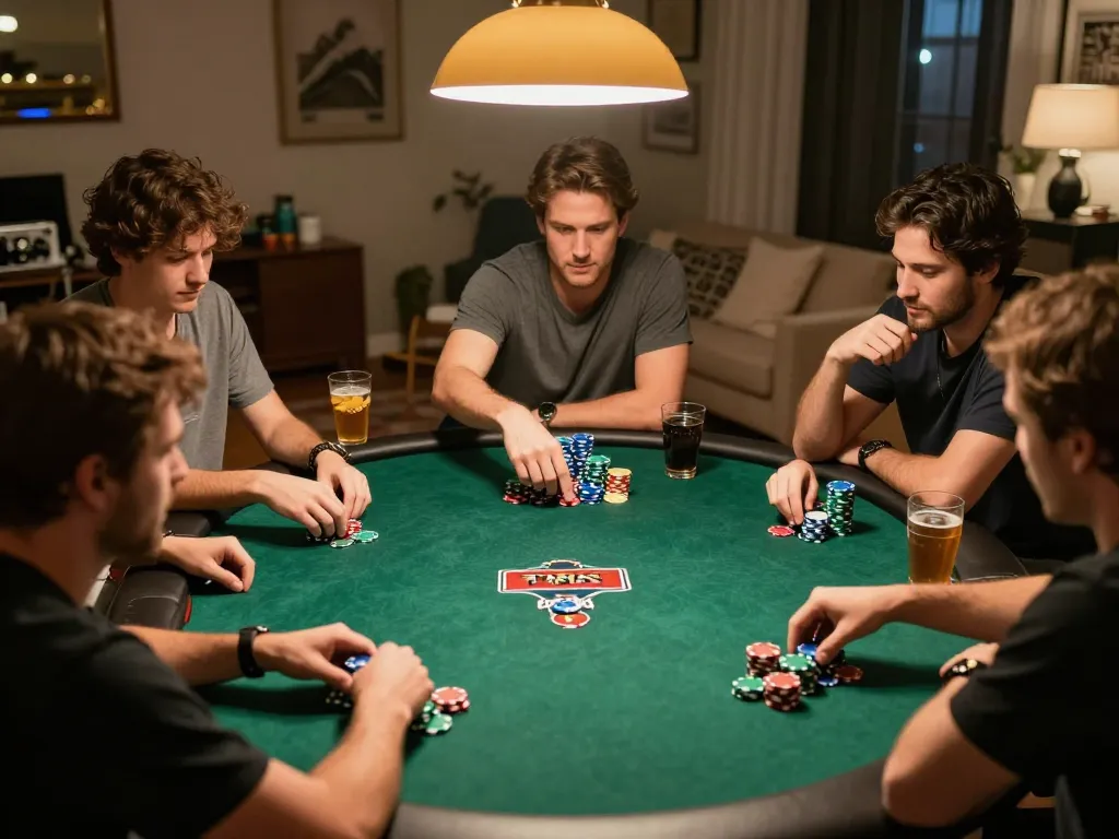 Players engaging in a poker game during a casual home night with UG DEWA strategy discussions, camaraderie evident.