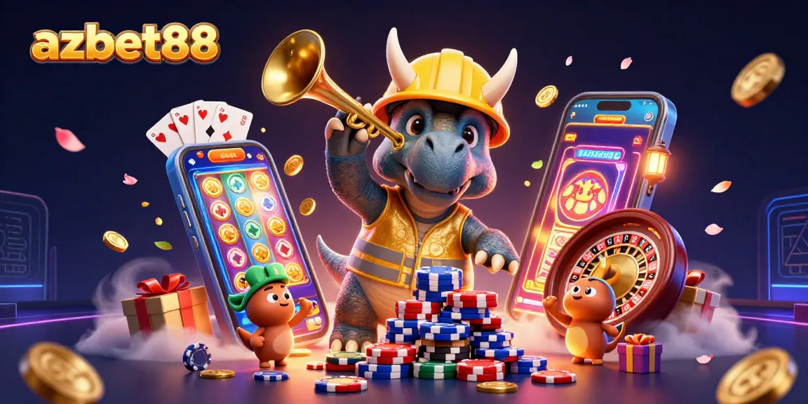 azbet88 creates an exciting casino experience with a dinosaur building poker chips and celebrating victories