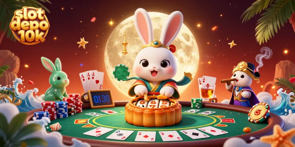 Spin vibrant slot depo 10k reels with moon rabbits in a lavish casino-themed illustration.