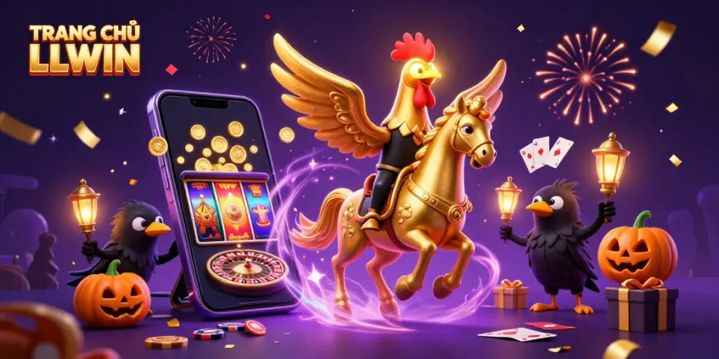 Engage with TRANG CHỦ LLWIN in a vibrant casino scene full of action, golden roosters, and winning symbols.
