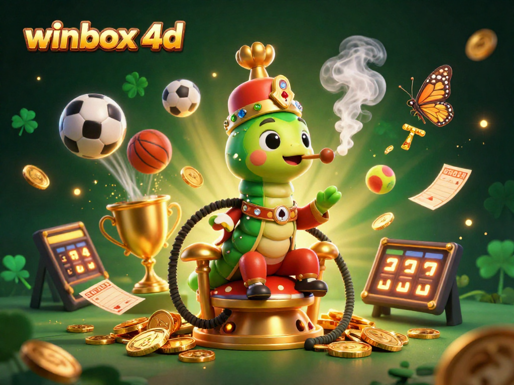 Experience the thrill of winbox 4d with a vibrant illustration of a mystical caterpillar and dynamic sports elements.