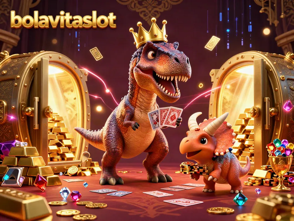 Experience the thrill of bolavitaslot with a vibrant 3D scene showcasing animated dinosaurs and riches in a casino.