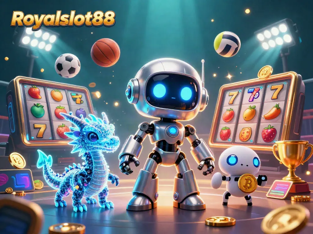Gambarkan pengalaman bermain di Royalslot88 dengan robot futuristik dan naga holografik dalam pesta slot yang seru.