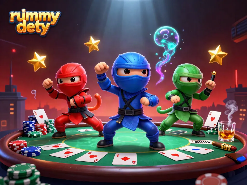 Rummy Deity apk menampilkan karakter ninja chameleon beraksi bersama elemen permainan judi di latar belakang yang menarik.