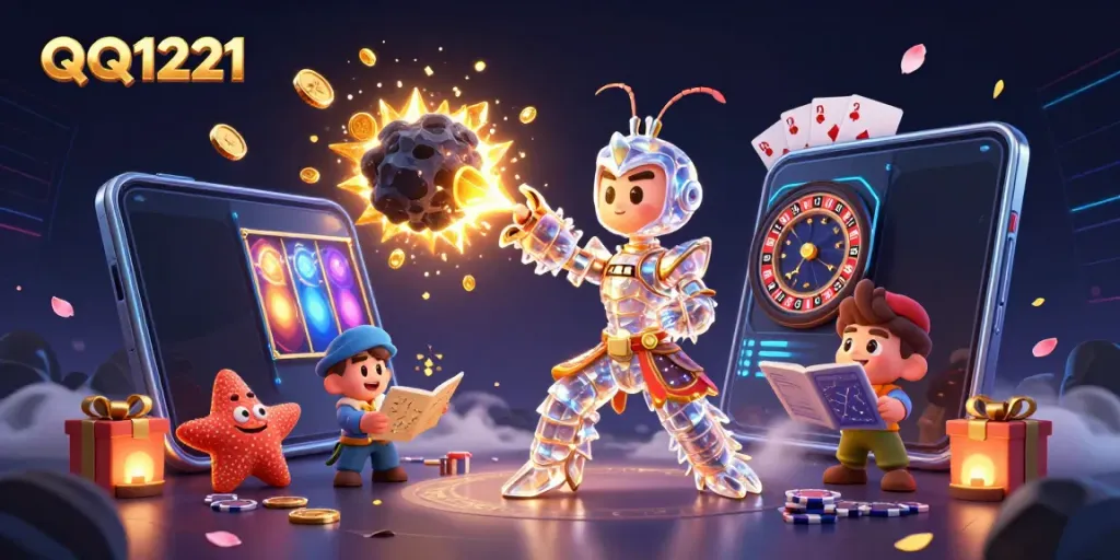 Experience excitement with QQ1221 featuring a galactic samurai shrimp amidst jackpots and gaming gear.