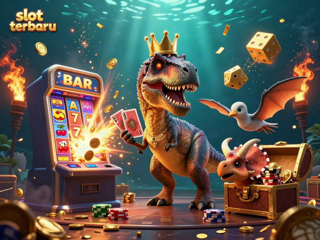 Experience the latest in gaming with slot terbaru featuring a lively T-Rex, pterodactyl, and triceratops in a vibrant casino scene.