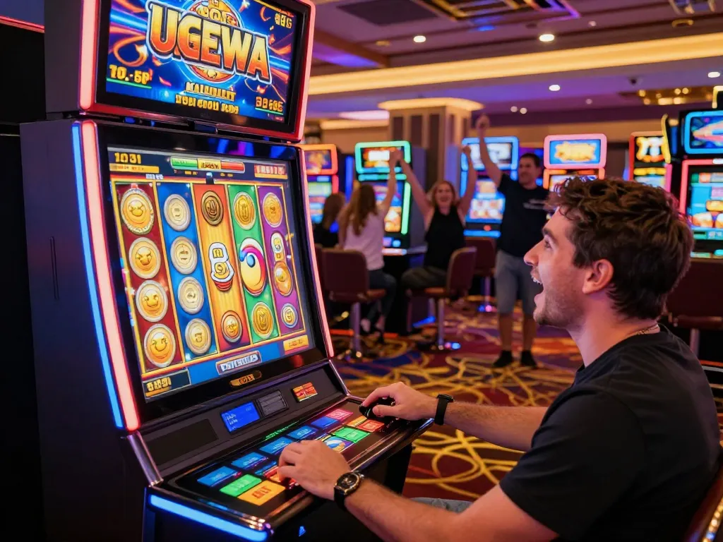 Player enjoying vibrant UG DEWA slot machine, spinning colorful reels with winning symbols and lively casino atmosphere