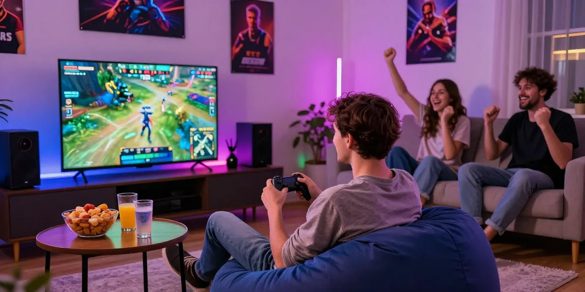 Engaging scene of online games being played in a cozy home setup with friends.