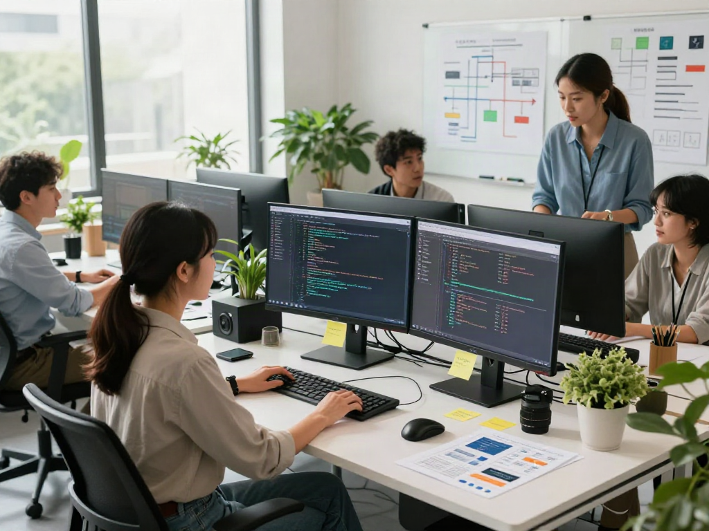 Collaborative software development scene at https://alo8app.win/ with diverse team engaging in project planning.
