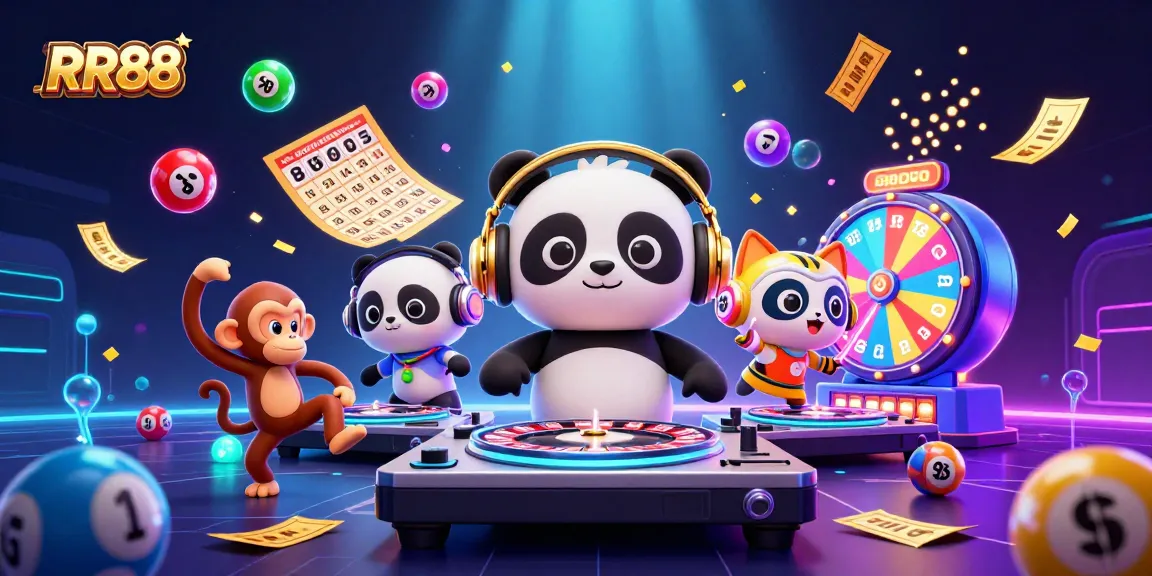 Experience the excitement of RR88 with vibrant characters and casino elements dynamically engaging in a lively illustration.