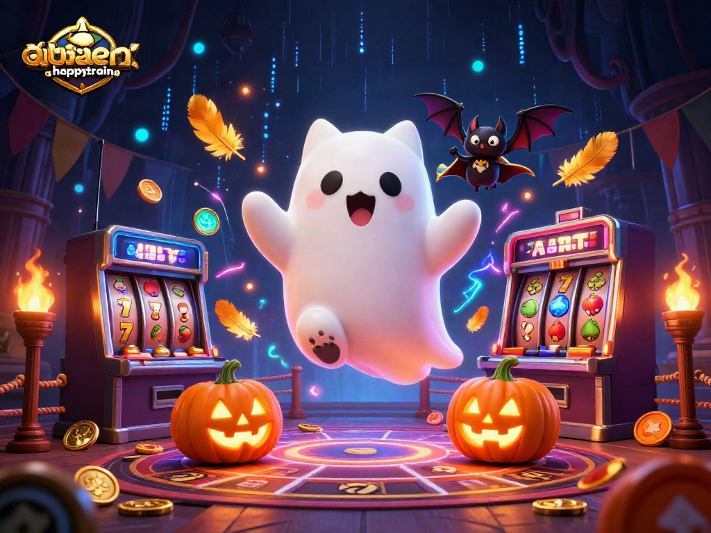 Engage with athenshappytrain's thrilling slots amidst a lively haunted casino atmosphere.