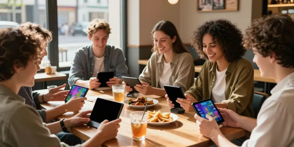 Group of friends enjoying Yono Games on smartphones in a cozy café setting.