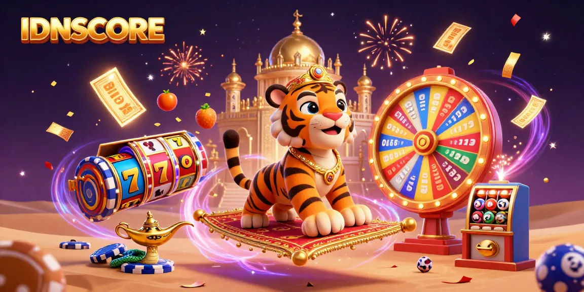 Engage with IDNSCORE by playing on a vibrant online casino scene featuring animated slot reels and colorful game elements.