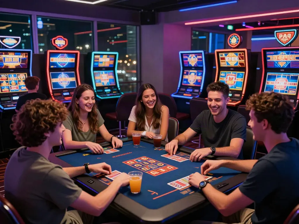A vibrant gaming scene with friends enjoying akunjp online slots in a modern setting, illuminated by LED lights.