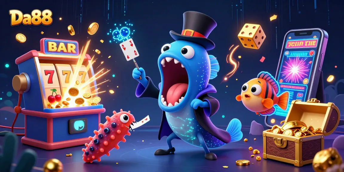 Experience the thrill of Da88 with vibrant 3D illustrations showcasing casino magic and excitement.