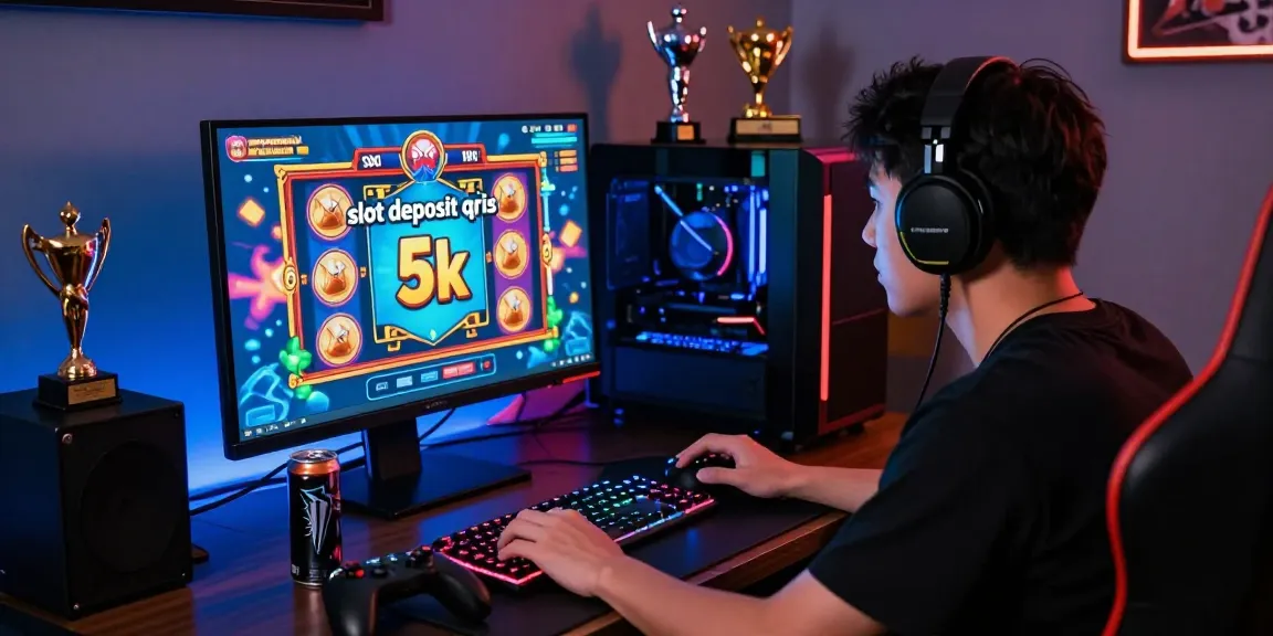 Player immersed in online slot game featuring slot deposit qris 5k with vibrant graphics and gaming accessories.