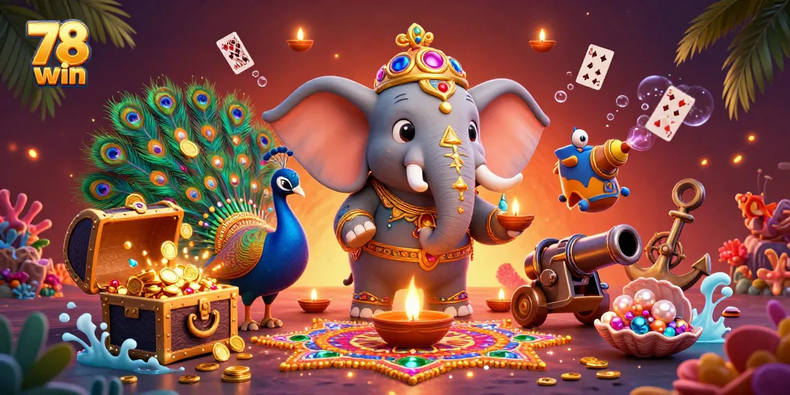 Experience the thrilling 78 win casino action with vibrant elephants, gems, and playing cards