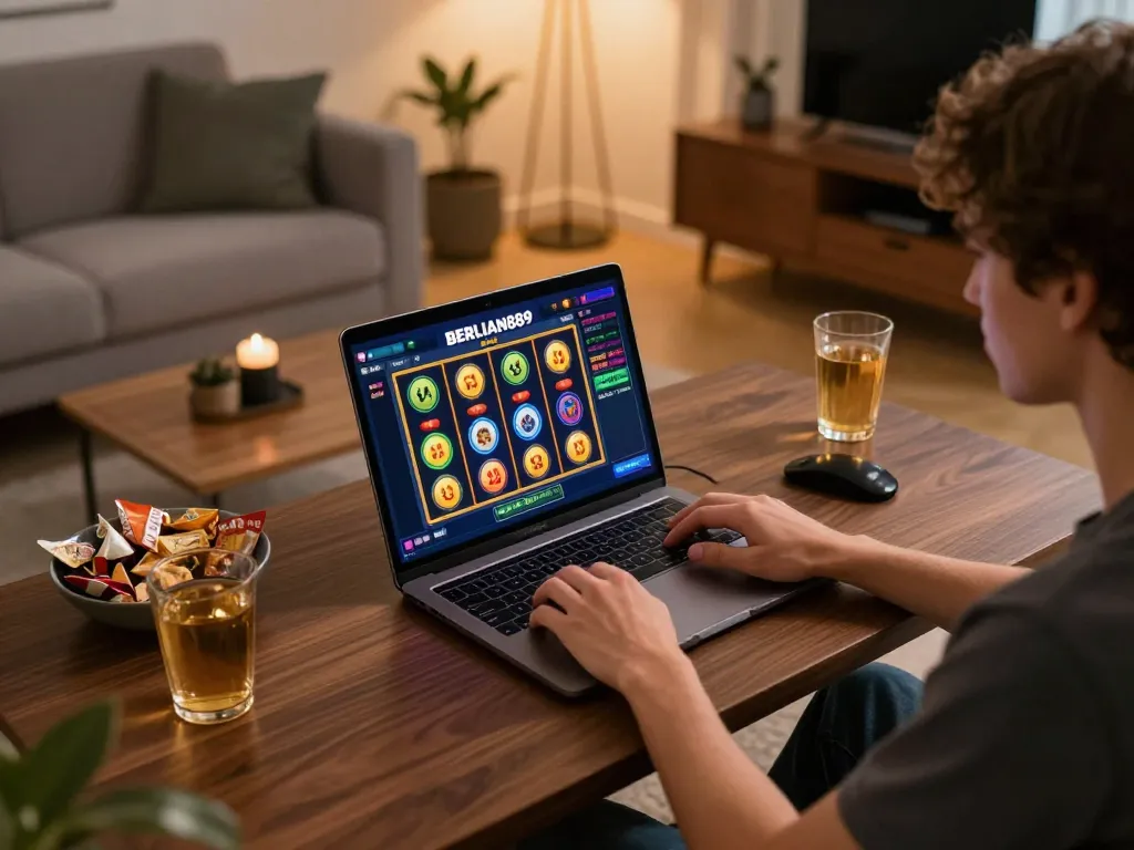 Playing BERLIAN889 Slot on a stylish laptop in a cozy gaming setup, highlighting online gambling entertainment.