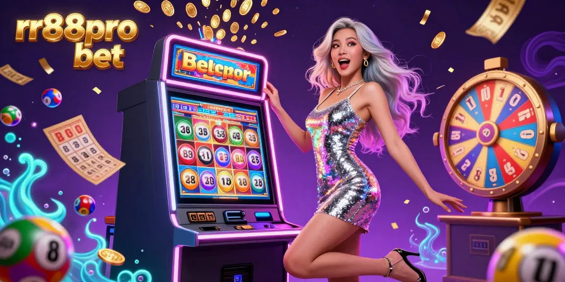 Experience the thrilling jackpots at rr88pro bet with a glamorous Asian woman celebrating a win amidst colorful casino elements.