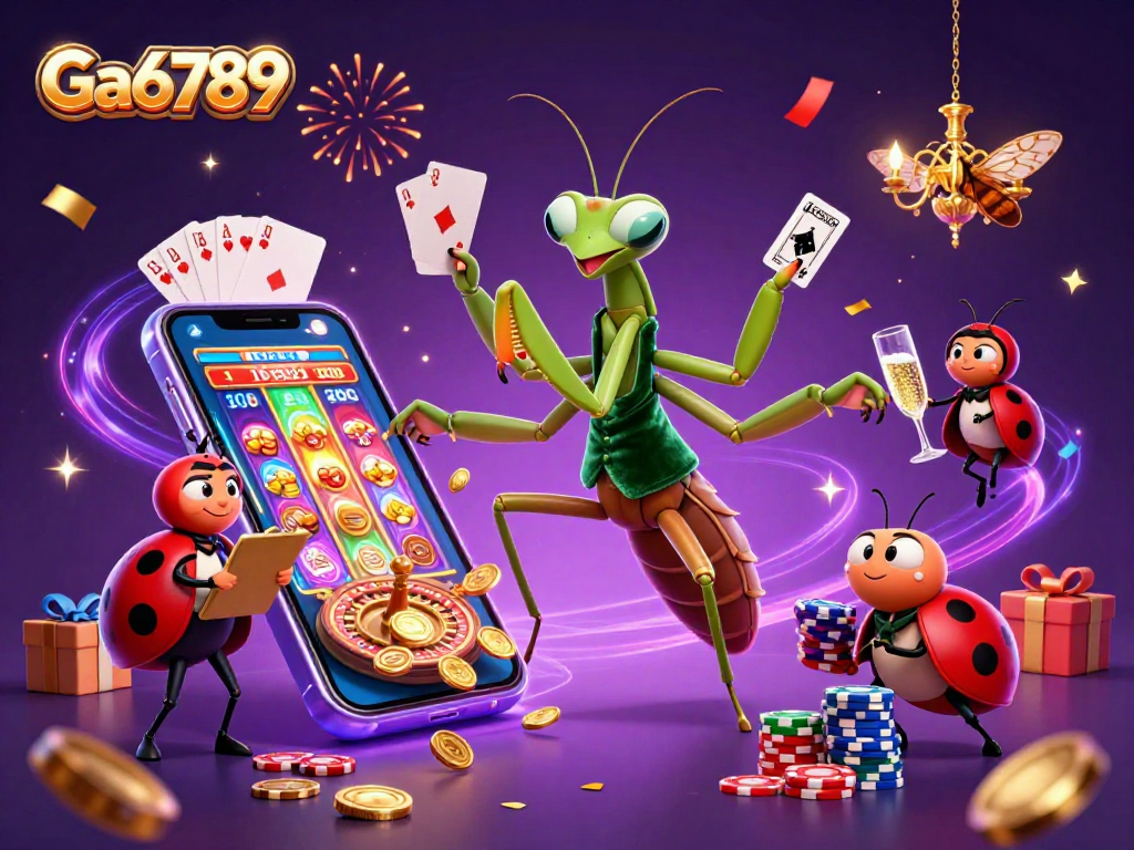 Join the excitement of Ga6789 with a vibrant casino illustration featuring a giant praying mantis card sharp and dynamic game elements.