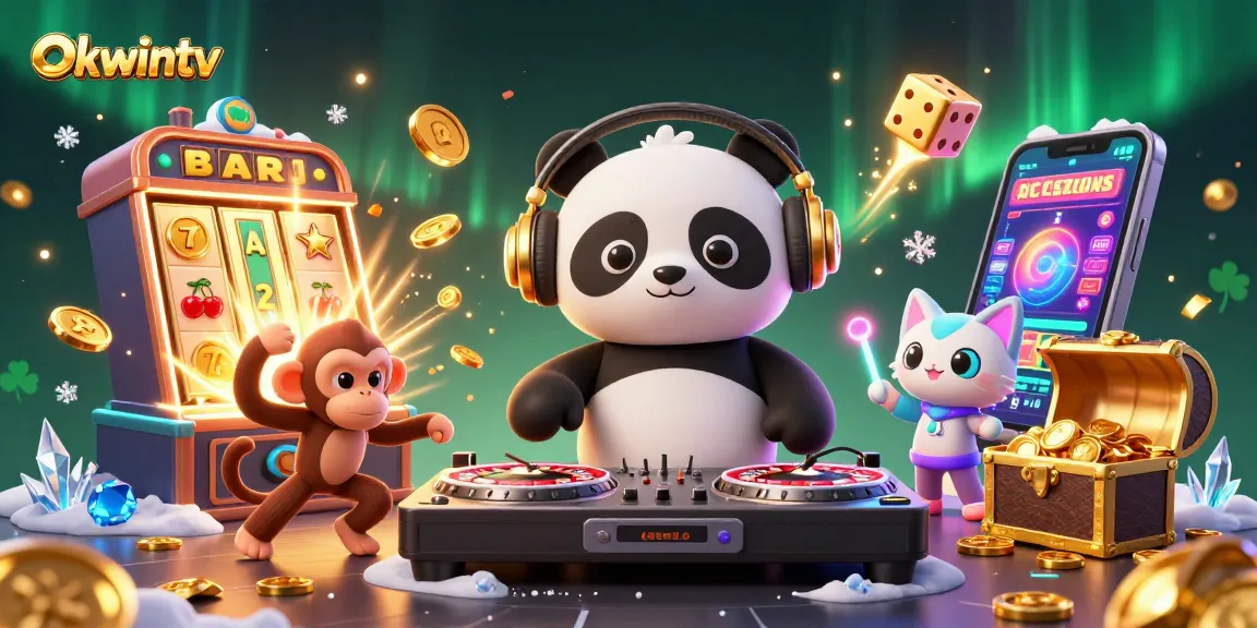 Experience Okwintv’s thrilling casino vibe through a vibrant 3D illustration of playful characters and captivating gaming elements.