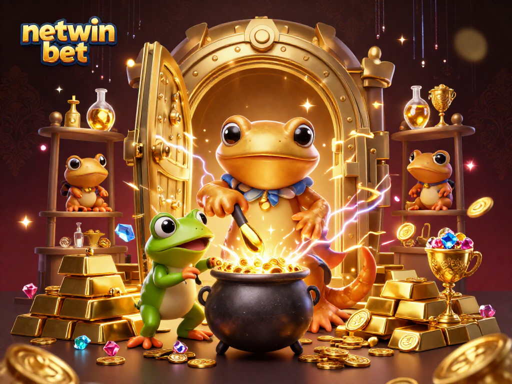 Engage with netwin bet while a giant salamander transforms metals into coins in a vibrant casino world.