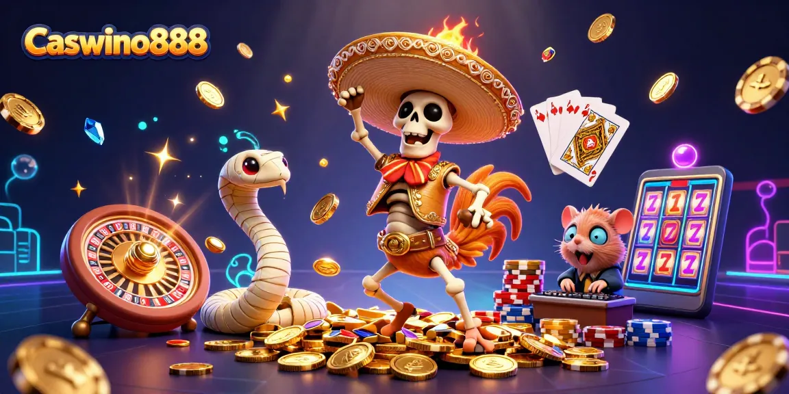 Win big at Caswino888 with vibrant 3D casino scene featuring exciting characters and dynamic game elements.