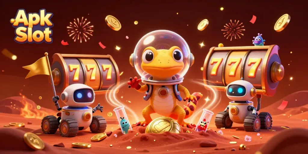 Permainan Apk Slot dengan latar suasana kasino, menampilkan karakter unik dan elemen slot yang menarik.