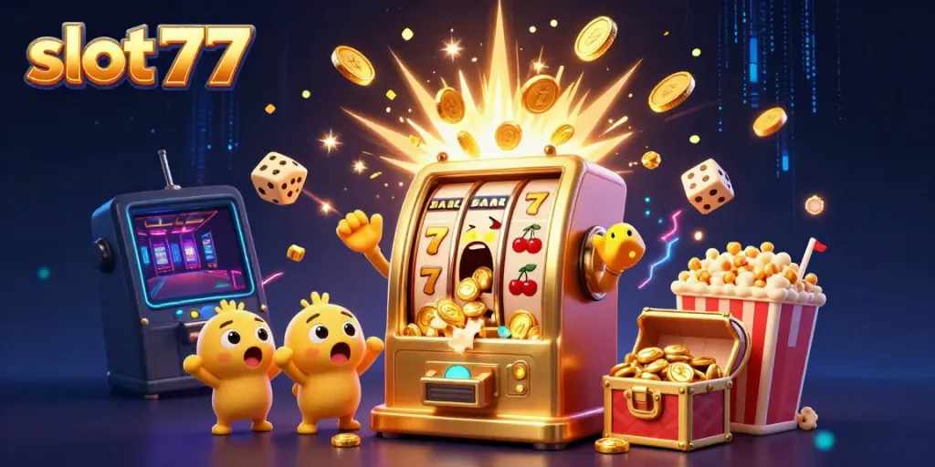Experience excitement in slot777 with a golden slot machine hitting a jackpot among cheering baby machines.