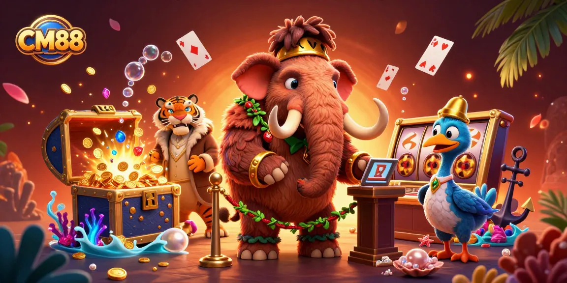 Win big at CM88 with a lavish scene featuring cartoon characters amidst a vibrant casino atmosphere.