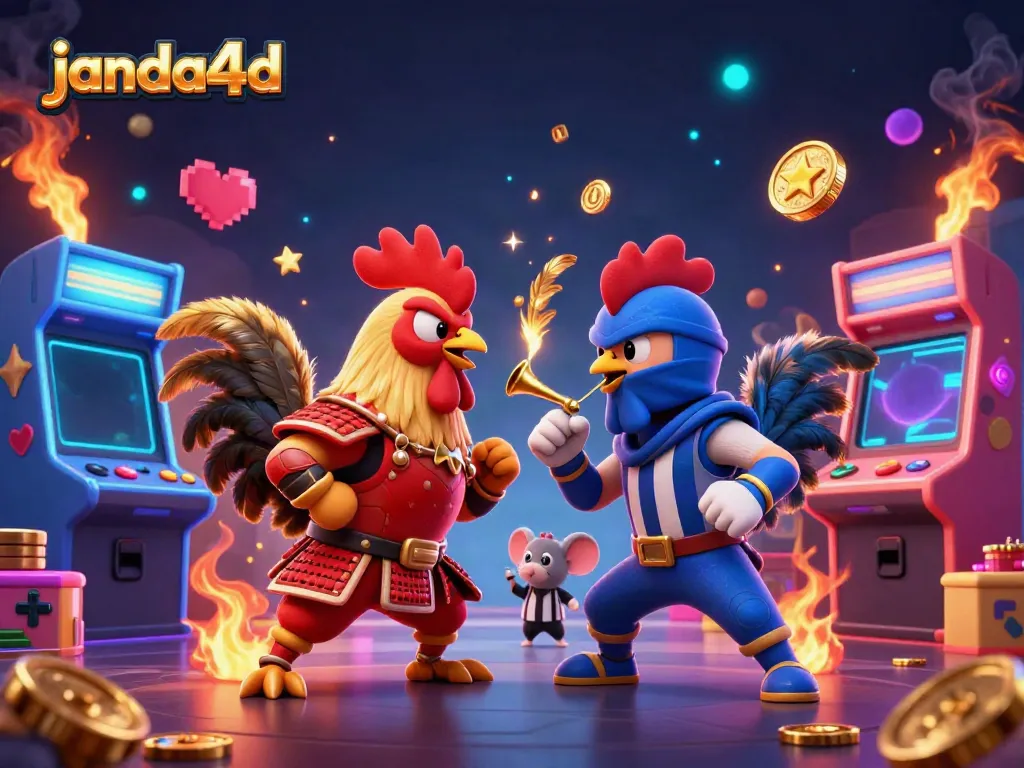 Janda4d mempersembahkan ilustrasi grafis pertarungan ayam kartun yang dramatis dengan detail luar biasa.
