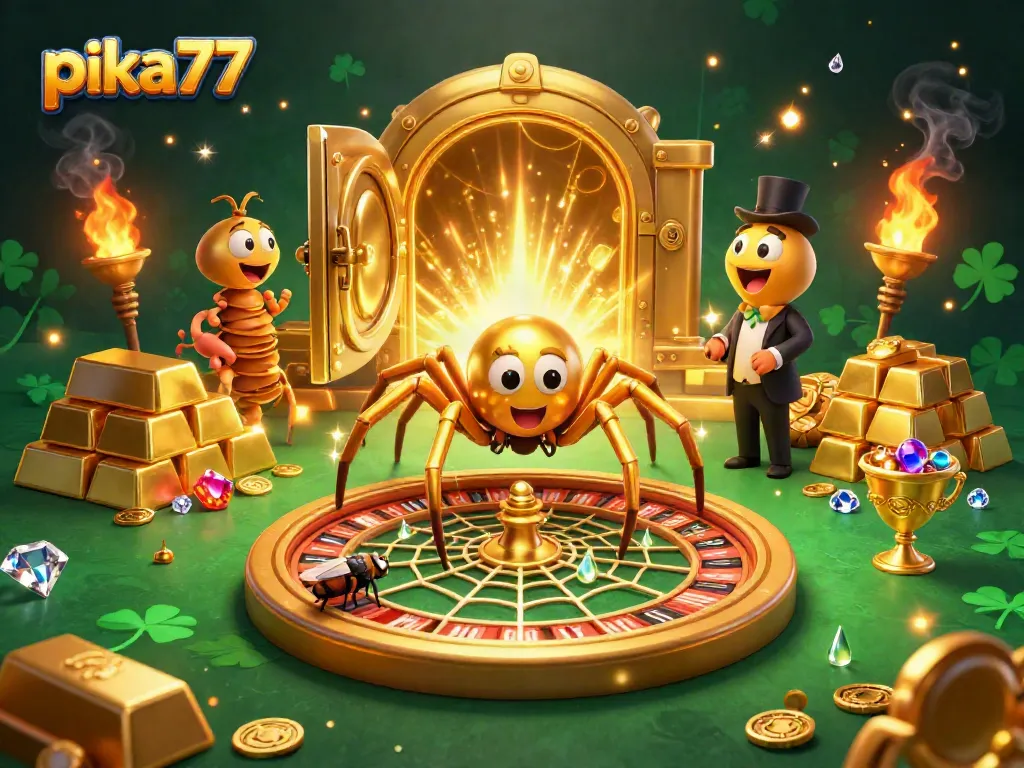 Pika77 features an exciting roulette scene with a golden spider and centipede croupier in action.