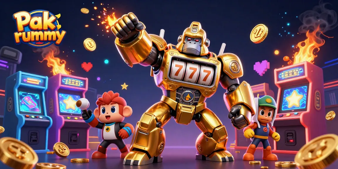 Experience thrilling Pak rummy action with golden gorilla mech surrounded by exciting gaming elements.