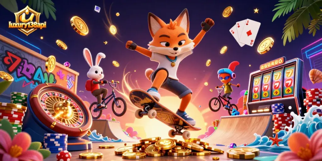 Engage in thrilling casino experiences with luxury138api, featuring vibrant casino-themed characters.