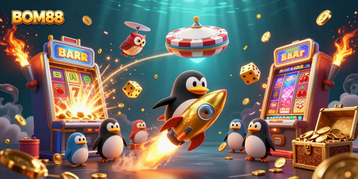 BOM88 offers exciting gameplay with a golden penguin and vibrant casino elements in a dynamic scene.