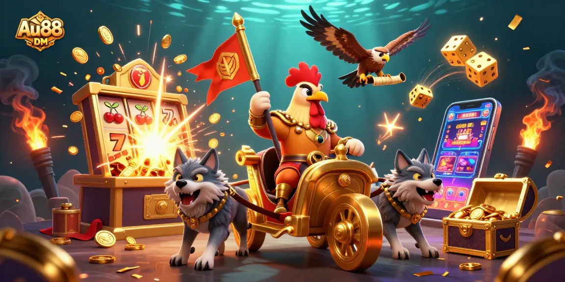 Exciting 3D illustration for Au88 DM featuring a rooster warlord and jackpot elements.