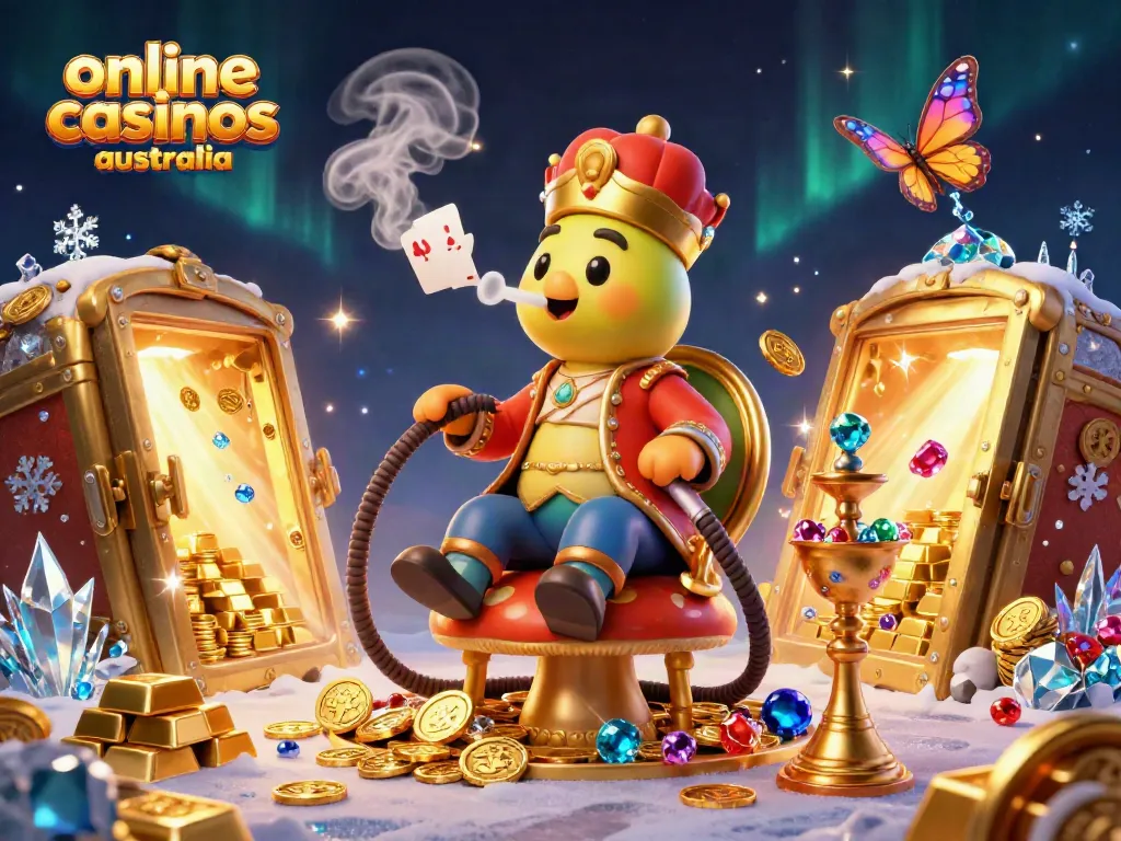 Engage with thrilling online casinos Australia scene featuring a majestic caterpillar and gleaming treasures.